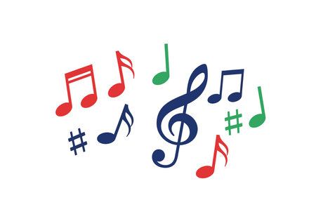 Clip art of music notes. This image shows various colorful music notes and symbols scattered around a large treble clef. Vector illustration design.のイラスト素材
