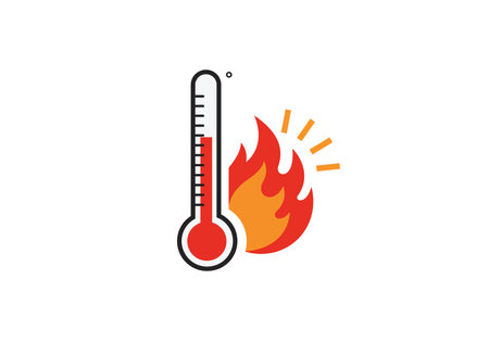 Heat clipart. This image shows a thermometer with a high temperature next to a flame, indicating...