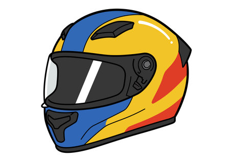 Motorcycle helmet clip art. Yellow helmet with blue and red accents, black visor, and detailed design. Vector illustration design.のイラスト素材