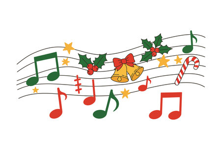 Christmas music note clipart. Bells, holly, candy cane, and stars among colorful music notes. Vector illustration design.のイラスト素材