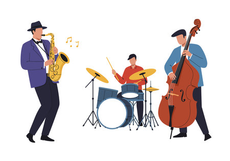 Clip art jazz band. This image shows three musicians playing jazz instruments: a saxophone, drums, and a double bass. Vector illustration design.のイラスト素材