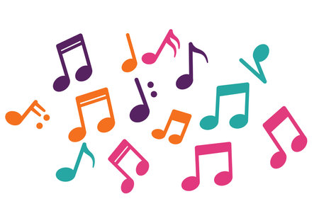 Colorful music note clipart. This image shows various colorful music notes scattered across a white background. Vector illustration design.のイラスト素材