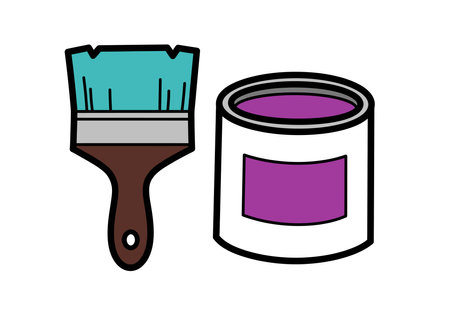 Paint and brush clipart. This image shows a paintbrush with a brown handle and teal bristles next to a white paint can with purple paint. Vector illustration design.のイラスト素材