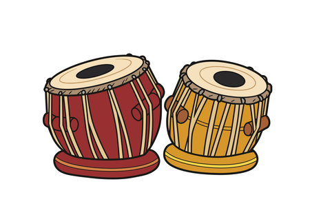 Tabla clipart. Two colorful tabla drums, one red and one yellow, with detailed designs and black drumheads. Vector illustration design.のイラスト素材