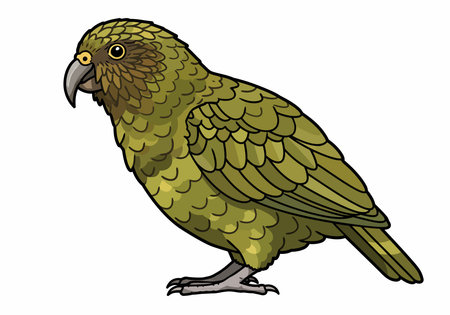 Kakapo clipart. This image shows a detailed vector illustration design of a Kakapo, a flightless parrot native to New Zealand, with vibrant green feathers and a distinctive beak. Vector illustration design.のイラスト素材