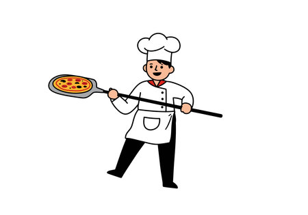 Pizza maker clipart. A chef holding a pizza on a pizza peel while smiling, dressed in a white uniform with a hat and apron. Vector illustration design.のイラスト素材