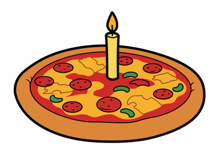 Birthday pizza clipart. A pizza topped with melted cheese and pepperoni with a lit candle in the center. Vector illustration design.のイラスト素材