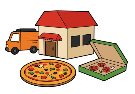 Pizzeria clip art. A pizza, a delivery truck, and a pizzeria building with an open pizza box in front. Vector illustration design.のイラスト素材