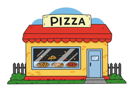 Pizza restaurant clipart. A small pizzeria with a red roof, yellow walls, and a large window displaying pizzas, creating a welcoming vibe. Vector illustration design.のイラスト素材