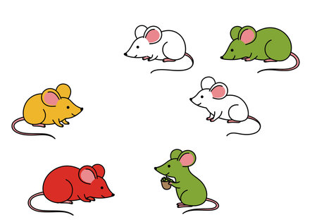 Mice clipart. Five colorful cartoon mice in different poses, featuring pink ears and tails, adding a playful and cheerful touch. Vector illustration design.のイラスト素材