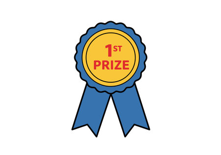 1st prize ribbon clipart. Blue ribbon with a yellow center featuring bold red text "1st PRIZE" symbolizing achievement. Vector illustration design.のイラスト素材