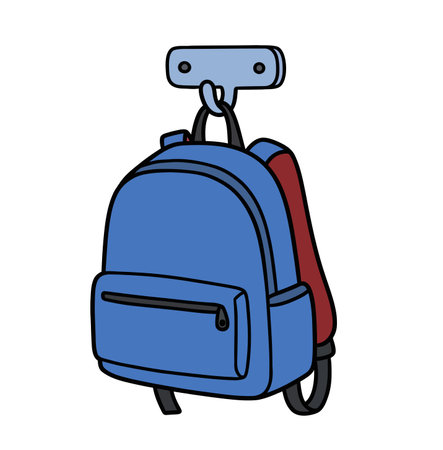 Backpack on hook clipart. Blue backpack with red back hanging on a hook. Vector illustration design.のイラスト素材