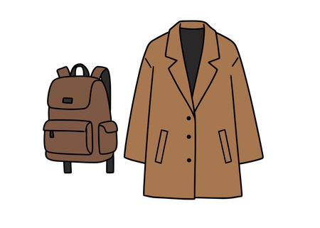 Backpack and coat clipart. Brown backpack and coat are placed side by side in a simple layout. Vector illustration design.のイラスト素材