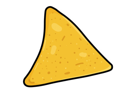Nacho chip clip art. This image shows a single yellow triangular nacho chip with a black outline and textured surface. Vector illustration design.のイラスト素材