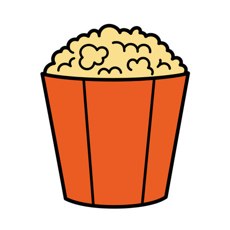 Clipart popcorn bucket. A red and white bucket filled with fluffy yellow popcorn displayed in a simple design. Vector illustration design.のイラスト素材