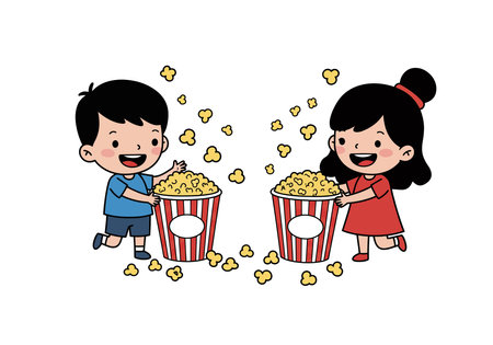 Popcorn party clipart. Two children happily holding large buckets of popcorn with kernels flying around. Vector illustration design.のイラスト素材