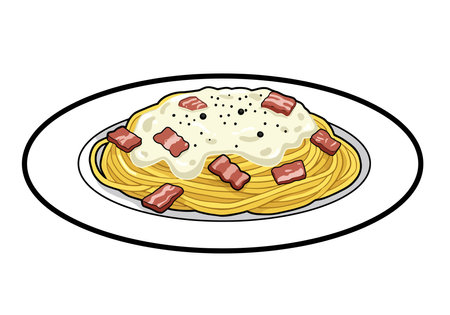 Carbonara clipart. Spaghetti carbonara with creamy sauce, bacon, and black pepper on a white plate. Vector illustration design.のイラスト素材