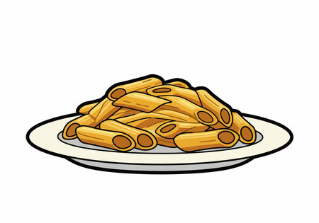 Pasta clip art. This image shows a plate of penne pasta in a cartoon style with a yellow and white background. Vector illustration design.のイラスト素材