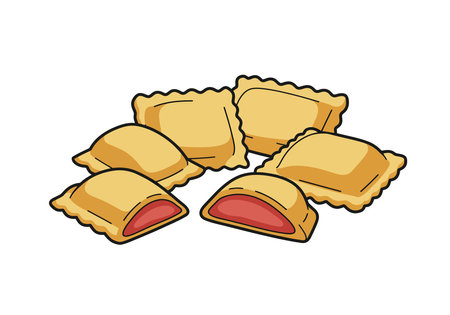 Ravioli clip art. This image shows six square ravioli pieces, two with red filling exposed, arranged in a clean design. Vector illustration design.のイラスト素材