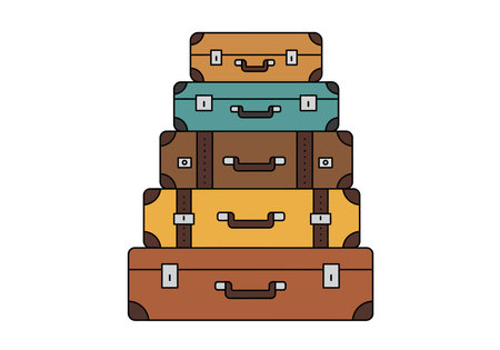 Stacked suitcase clipart. This image shows a stack of five colorful suitcases arranged in a pyramid shape. Vector illustration design.のイラスト素材