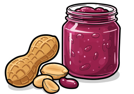Peanut butter jelly clip art. This image shows a jar of jelly and peanuts in a simple and classic design. Vector illustration design.のイラスト素材