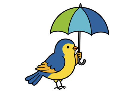 Bird holding umbrella clipart. A colorful bird is holding a multicolored umbrella. Vector illustration design.のイラスト素材