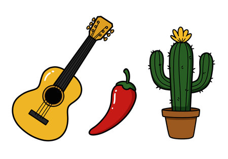 Clip art Mexican theme. This image shows a yellow guitar, a red chili pepper, and a green cactus in a pot. Vector illustration design.のイラスト素材