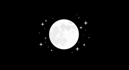 Black background with moon. A luminous full moon surrounded by scattered stars creates a serene and celestial scene on a sleek black backdrop. Vector illustration wallpaper design.のイラスト素材