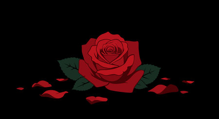 Black background red rose. A vibrant red rose with green leaves and scattered petals creates a striking and elegant visual against a sleek black backdrop. Vector illustration wallpaper design.のイラスト素材