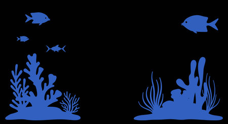 Black aquarium background. Blue silhouettes of fish, coral, and seaweed create a striking underwater scene against a sleek black backdrop. Vector illustration wallpaper design.のイラスト素材