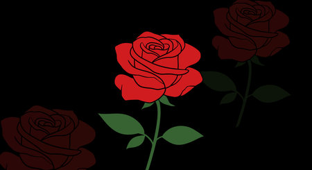 Red rose black background. A vibrant red rose with delicate petals and green leaves creates an elegant and romantic design against a solid black backdrop. Vector illustration wallpaper design.のイラスト素材