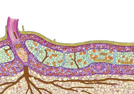 Root Microscopic Illustration. This image shows a detailed cross-section of a plant root, highlighting vascular tissues and cell structures. Biological art design.の写真素材