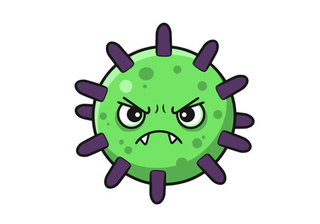Angry Virus Cute Illustration. This image shows a green virus with an angry expression and purple spikes. Vector art design.の写真素材