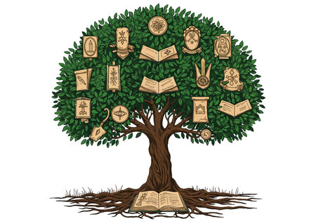 Tree Of Knowledge Illustration. This image shows a vibrant depiction of a tree with books, scrolls,...