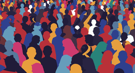 Colorful Diverse People Crowd Abstract Art Illustration. Multicolored silhouettes of people in a vibrant and diverse crowd. Background art design.の写真素材