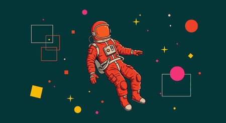 Surreal Spaceman Art Illustration. An astronaut in a red spacesuit floats in space surrounded by...