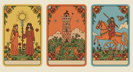 Set Of Vintage Tarot Hippie Art Illustration. Three tarot cards with hippie art style, featuring a couple, a tower, and a knight on horseback. Background art design.の写真素材