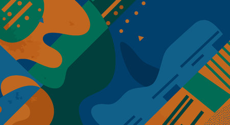 Modern Art Background Pattern Illustration. Abstract shapes in green, orange, and blue with geometric patterns and lines. Background art design.の写真素材