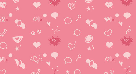 Preppy pink background. Hearts, stars, and abstract shapes scattered on a vibrant pink backdrop create a playful and decorative aesthetic. Wallpaper illustration design.の写真素材