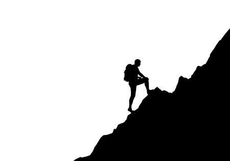 Mountain climbing silhouette. This image portrays a bold black silhouette of a climber ascending a rocky slope, symbolizing adventure and determination. Vector black clipart illustration design.のイラスト素材