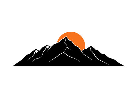Mountain sunset silhouette. This image depicts a bold black silhouette of a rugged mountain range with a serene sunset in the background. Vector black clipart illustration design.のイラスト素材
