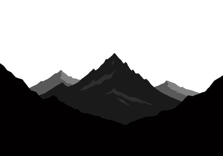Mountain scene silhouette. This image features bold black outlines of jagged mountain peaks, creating a striking and picturesque landscape. Vector black clipart illustration design.のイラスト素材