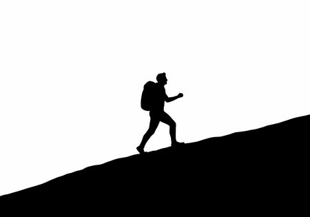Hiking man silhouette. A black silhouette of a man hiking with a backpack, emphasizing outdoor adventure and rugged determination. Vector black clipart illustration design.のイラスト素材