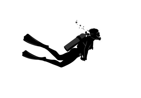 Female scuba diver silhouette. A female scuba diver is swimming underwater with fins, a mask, and a tank, releasing bubbles. Vector clipart black illustration design.のイラスト素材