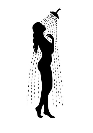 woman shower silhouette. A woman is standing under a shower with water droplets falling from the showerhead. Vector clipart black illustration design.のイラスト素材