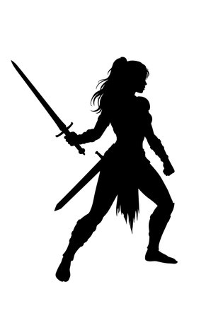 Female warrior silhouette. A female warrior in a combat stance holding a sword, exuding strength and determination. Vector clipart black illustration design.のイラスト素材
