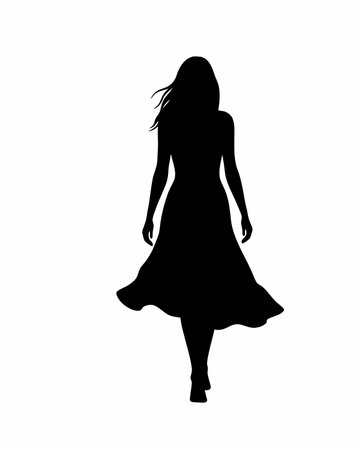 woman walking away silhouette. A woman with flowing hair and a long dress is depicted gracefully walking away. Vector clipart black illustration design.のイラスト素材