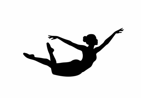 Woman falling silhouette. The image portrays a woman in a dynamic falling or diving pose with arms and legs extended, highlighting motion and elegance. Vector clipart black illustration design.のイラスト素材