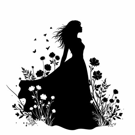 woman silhouette with flowers. A graceful woman is shown surrounded by intricate floral elements and delicate patterns. Vector clipart black illustration design.のイラスト素材