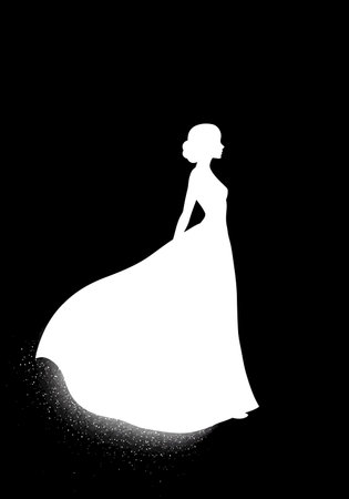 White silhouette woman. A white silhouette of a woman in an elegant gown with flowing hair styled in a bun, showcasing style and beauty. Vector clipart black illustration design.のイラスト素材